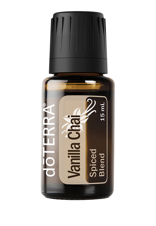Bouteille de 15 ml de la synergie Vanilla Chai épicée doTERRA, flacon ambré avec étiquette beige et bouchon noir.