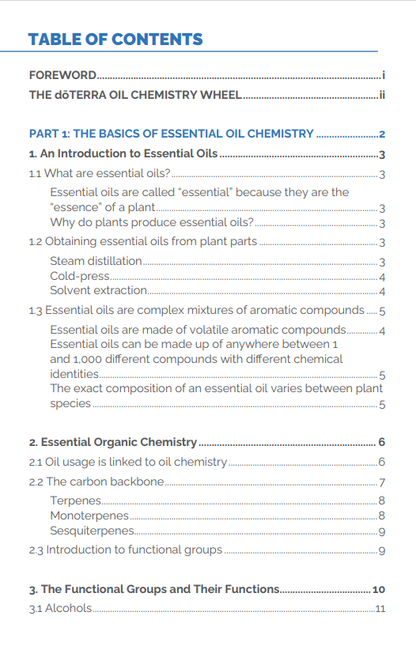 Table des matières du livre The doTERRA Essential Oil Chemistry Handbook, 3e édition, présentant les sections d’introduction et les bases de la chimie des huiles essentielles.