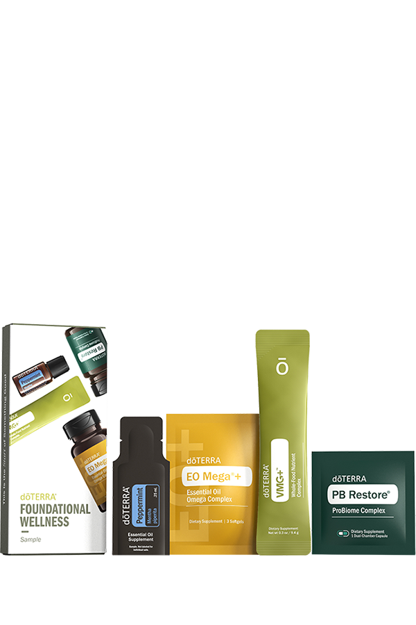 Trousse d’échantillons doTERRA Foundational Wellness avec Peppermint, EO Mega+, VMG+ et PB Restore.