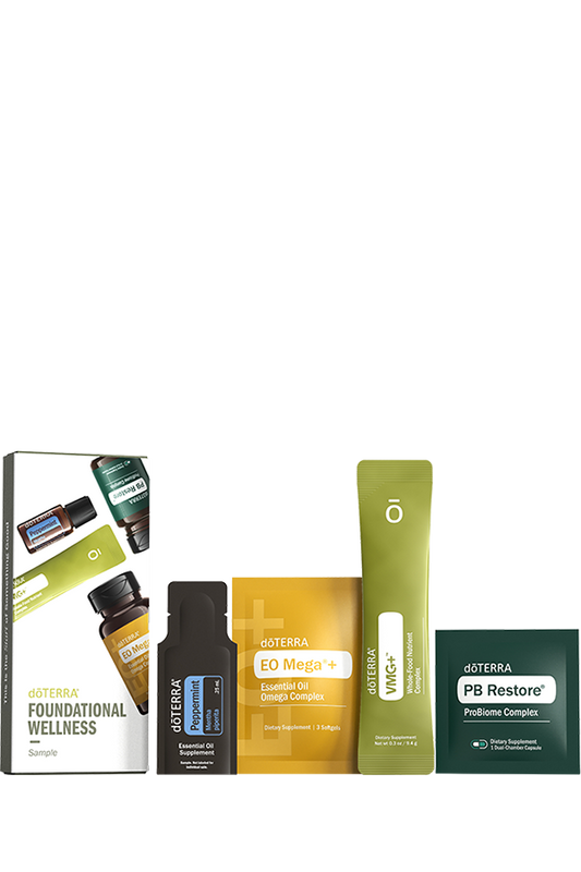 Trousse d’échantillons doTERRA Foundational Wellness avec Peppermint, EO Mega+, VMG+ et PB Restore.