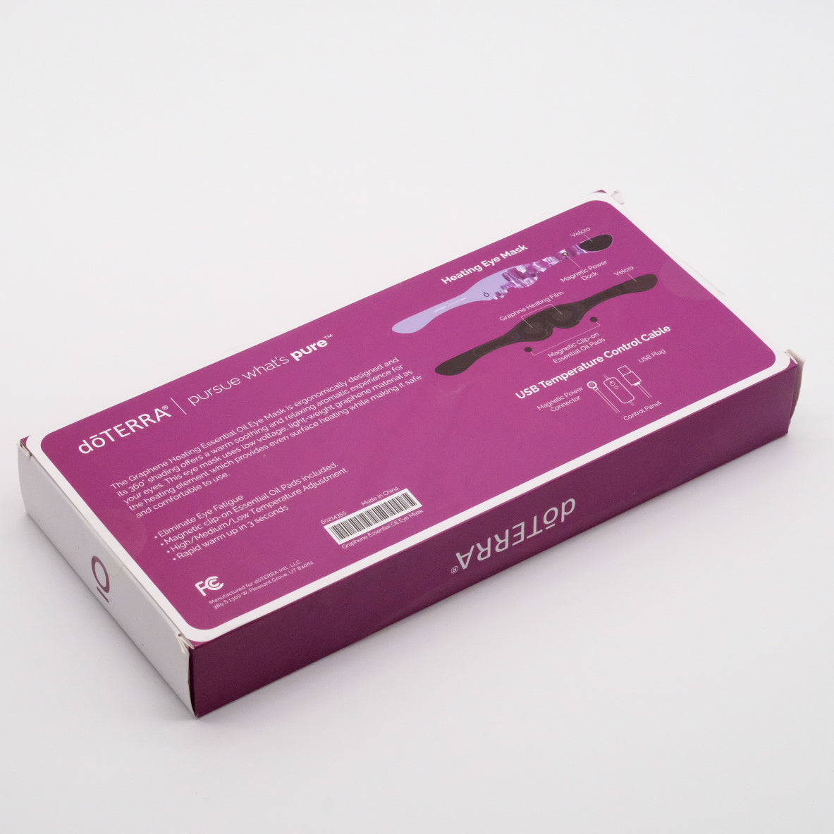 Verso de la boîte du masque oculaire chauffant doTERRA, avec schéma du masque et informations sur le câble de contrôle USB.