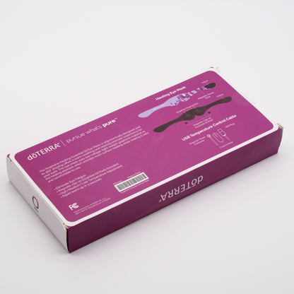 Verso de la boîte du masque oculaire chauffant doTERRA, avec schéma du masque et informations sur le câble de contrôle USB.